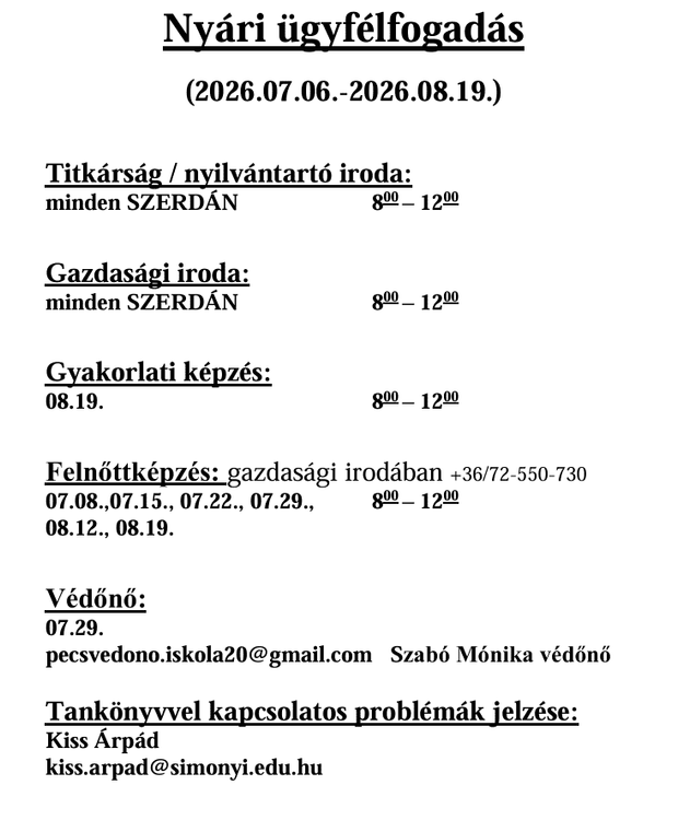 Nyári ügyfélfogadás